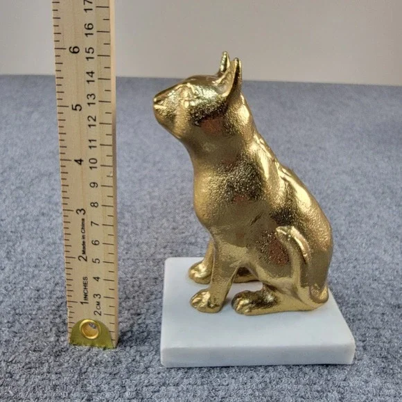 Vintage 6" Gold Textured Cat Figurine Statue on White Marble Base Bookend Decor - Picture 6 of 16